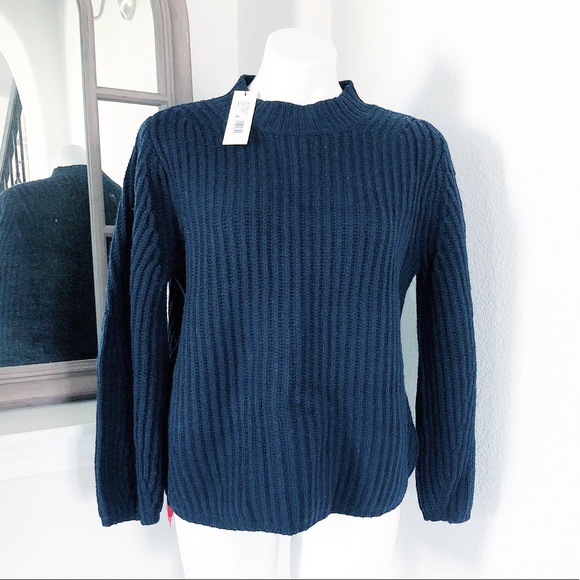 Rebecca Taylor Ribbed Navy Sweater Mock Neck Wool Blend Size L NWT $295 - Picture 9 of 9